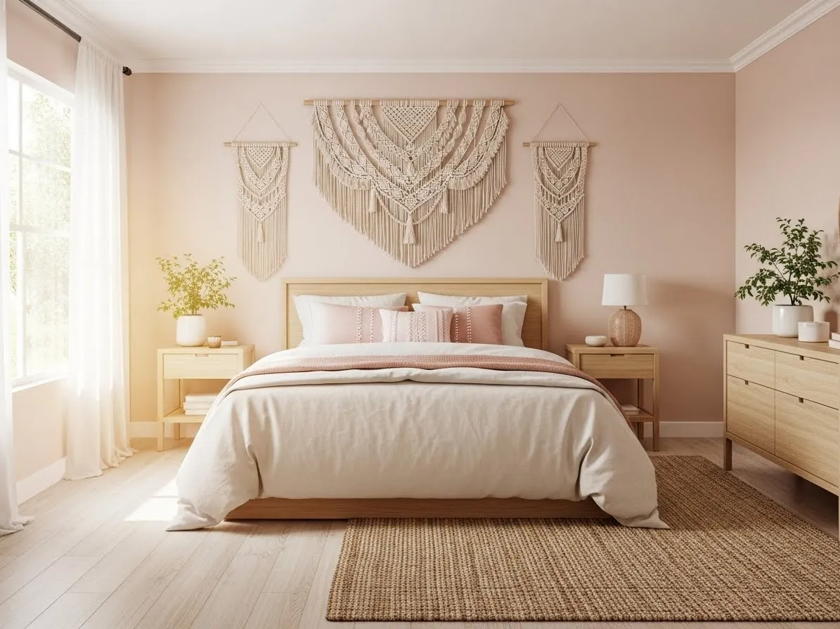 “Pastel boho coastal bedroom with macramé decor and soft neutral wood furniture”