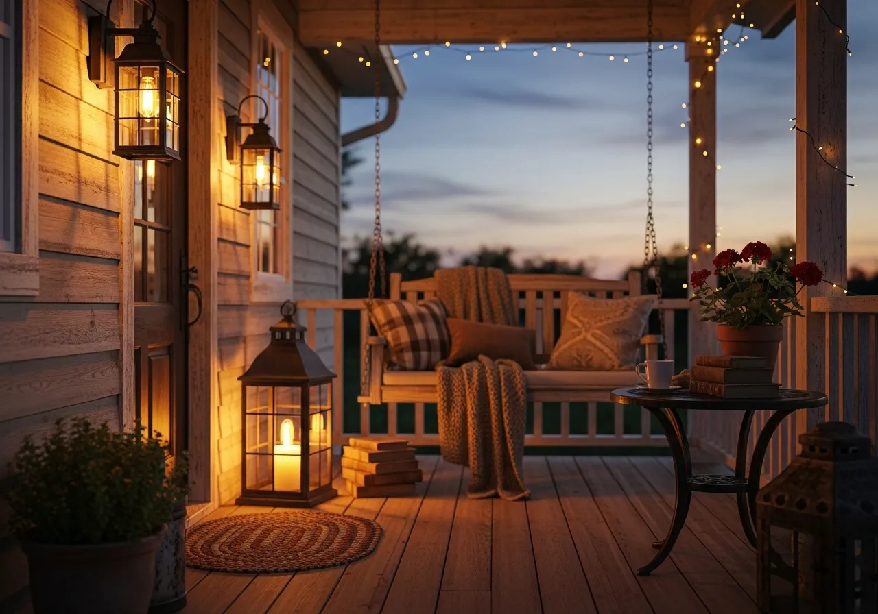 Vintage lantern lighting on a farmhouse porch