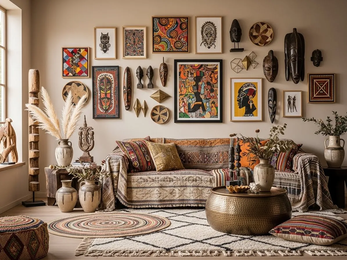 Afrohemian-decor living space with cultural art and layered textures