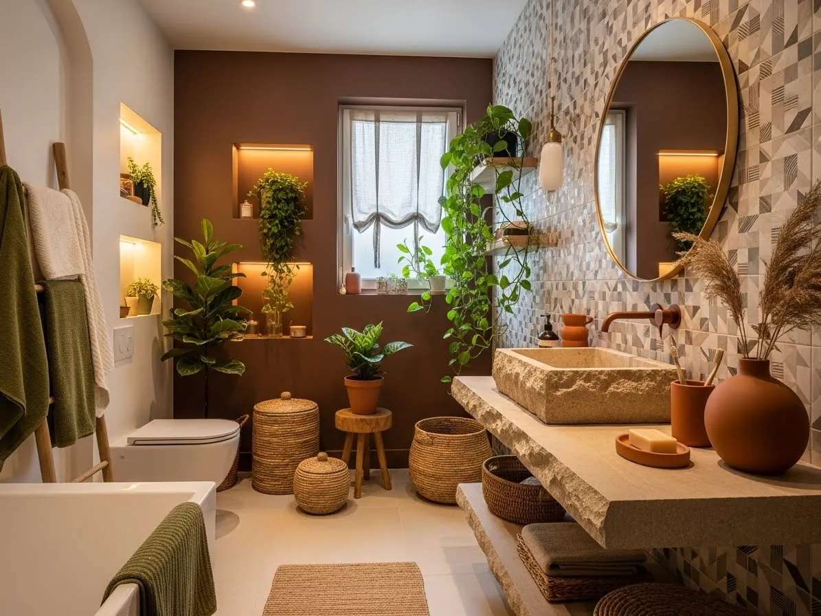 Afrohemian-decor bathroom with natural textures and earthy accents