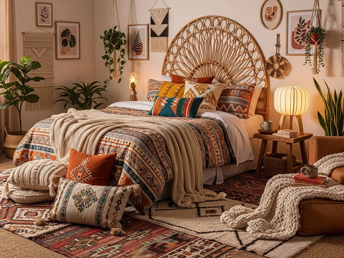 Afrohemian-decor bedroom with layered patterns and textures