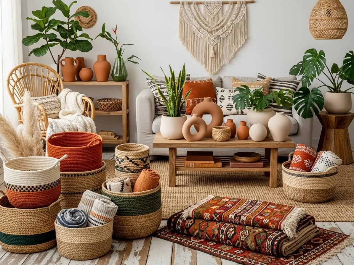 Afrohemian-decor essentials with natural textures and earthy tones