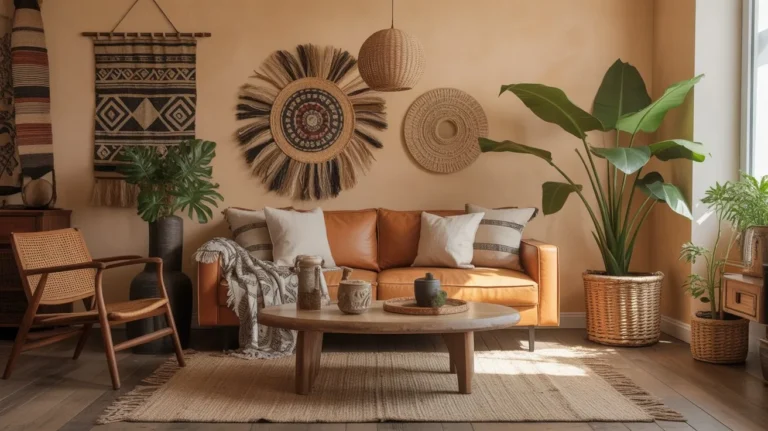 Afrohemian-decor interior with warm earthy colors and layered textures