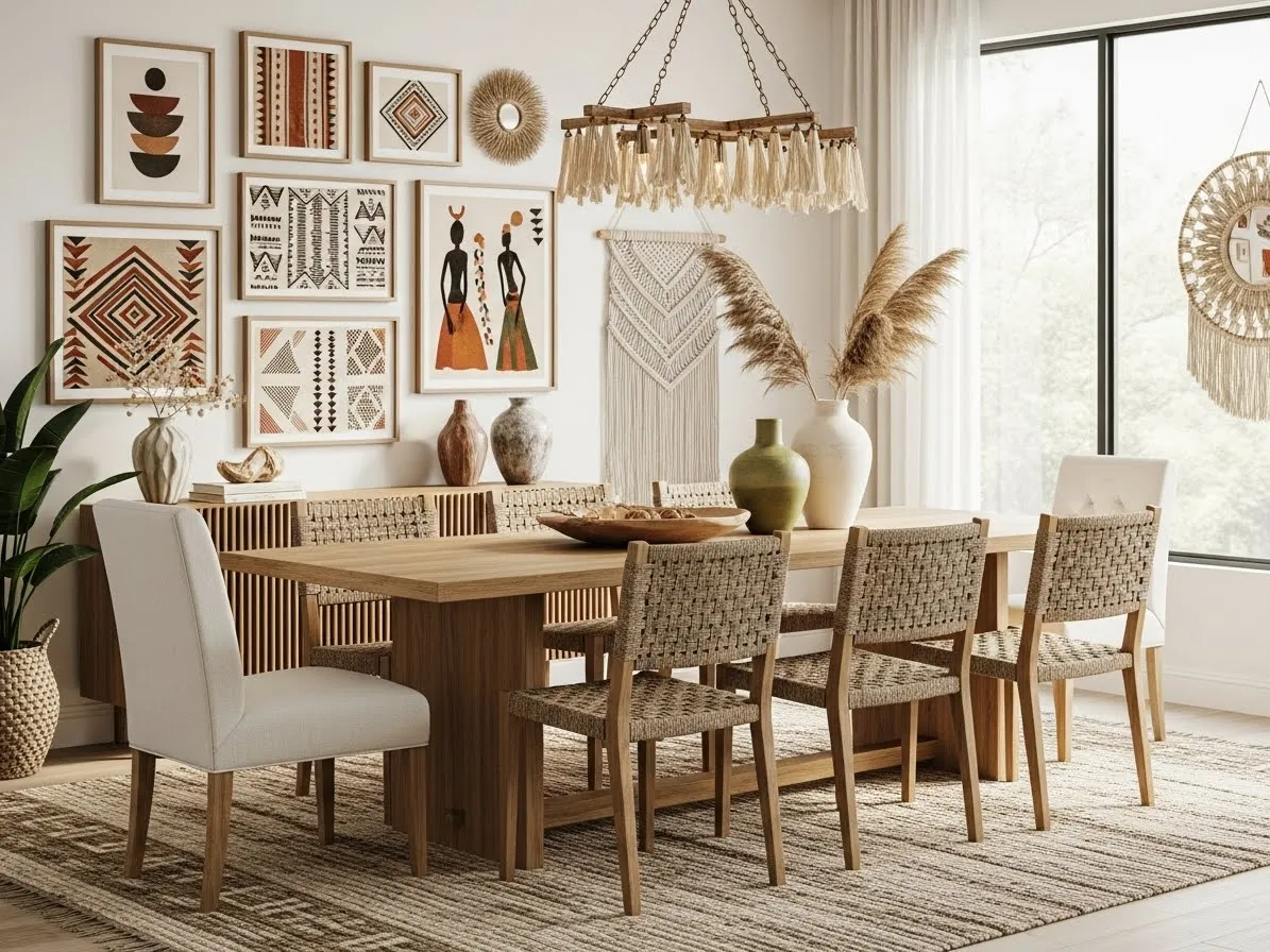 Modern afrohemian-decor dining room with natural materials