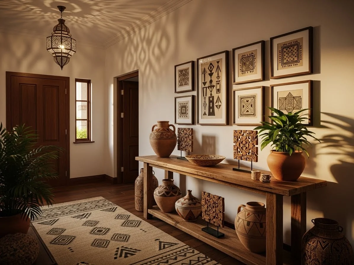 Afrohemian-decor entryway with warm textures and cultural accents
