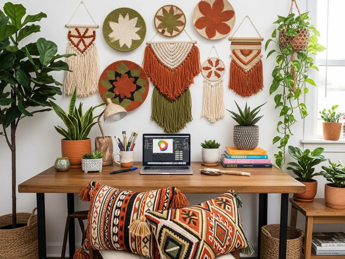 Afrohemian-decor home office with natural textures