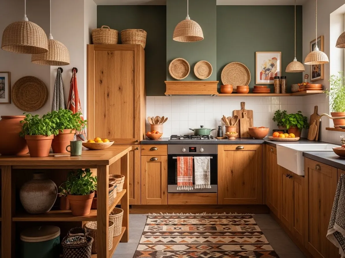 Afrohemian-decor kitchen with earthy tones and natural textures