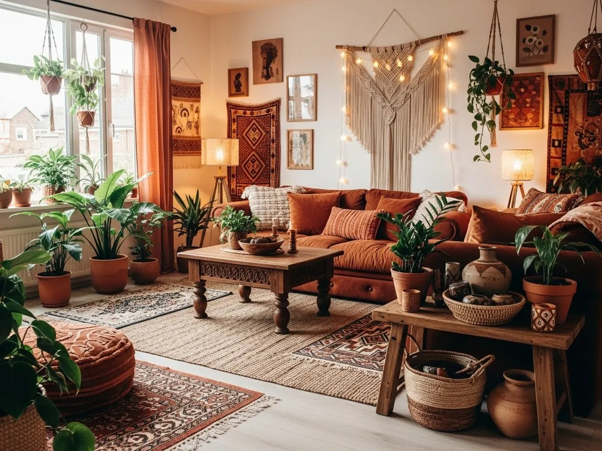 Afrohemian-decor living room with warm earth tones