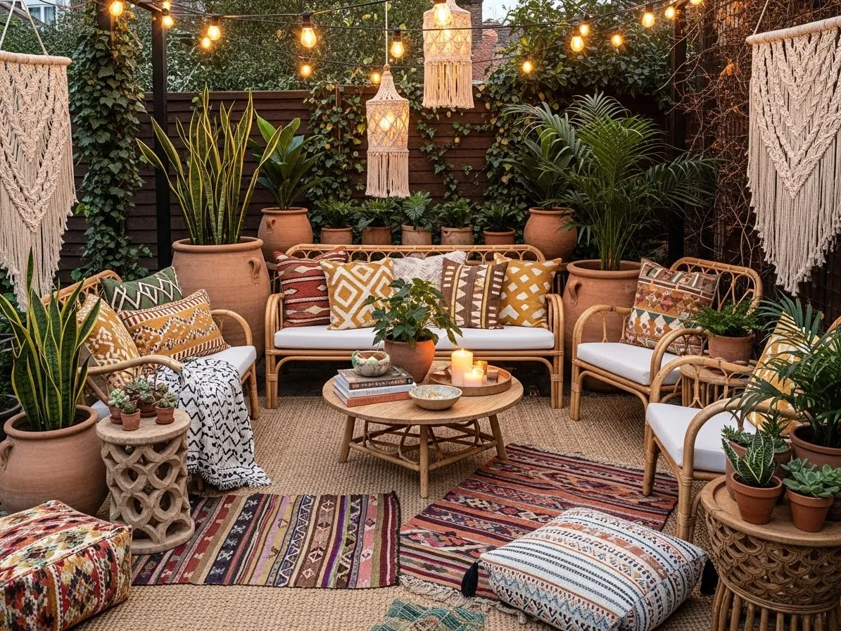 Afrohemian-decor outdoor patio with warm bohemian styling