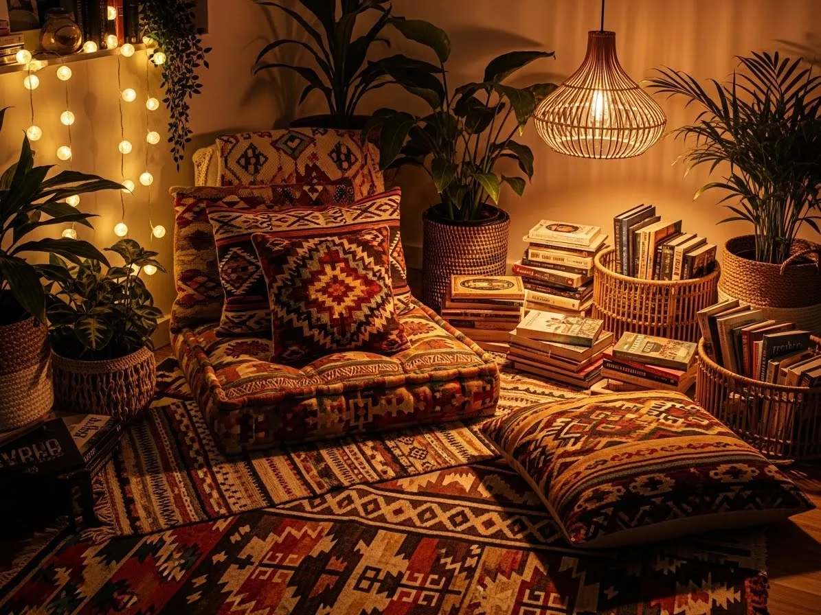 Afrohemian-decor reading nook with layered textiles and cozy atmosphere