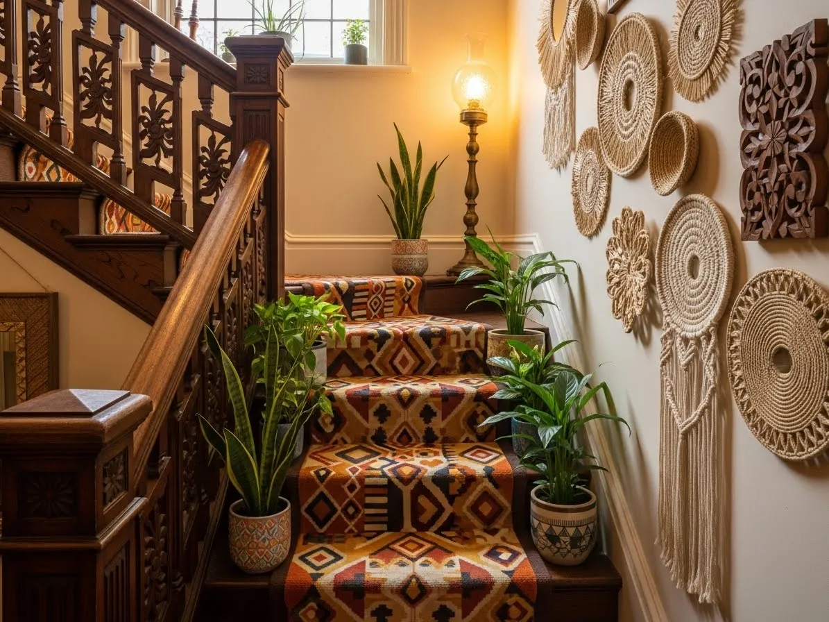 Afrohemian-decor staircase with patterned runner and natural accents