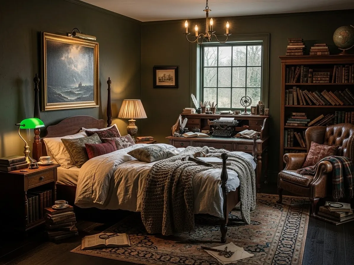 Dark academia bedroom featuring soft aged finishes and a cozy lived-in look