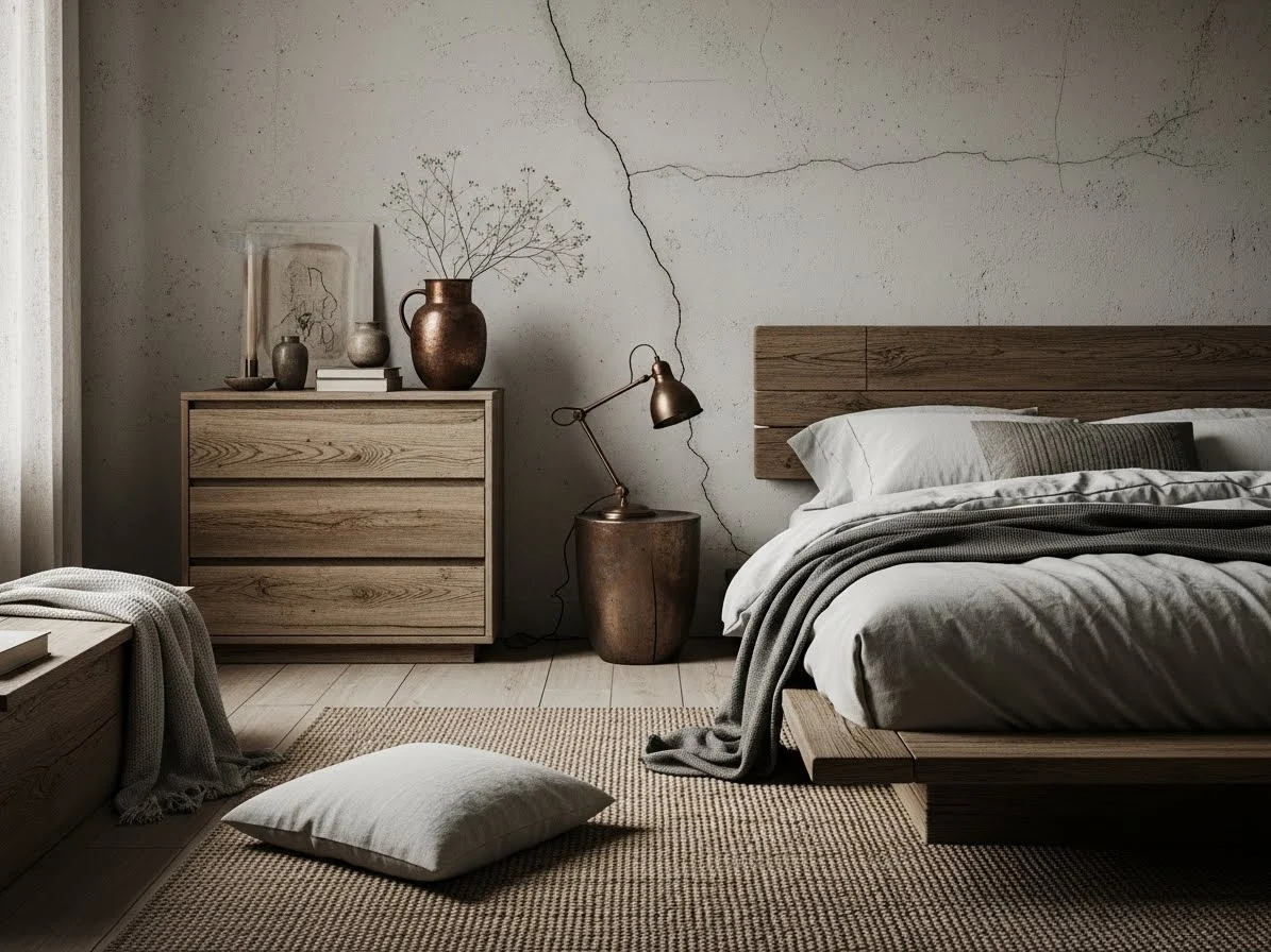 Aged and patina finishes creating a lived-in wabi-sabi bedroom look