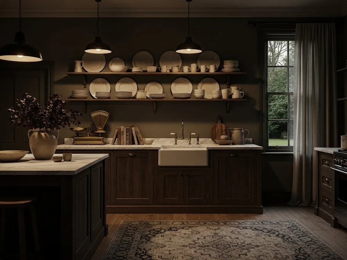 Aged stoneware and ceramic decor in a dark academia kitchen