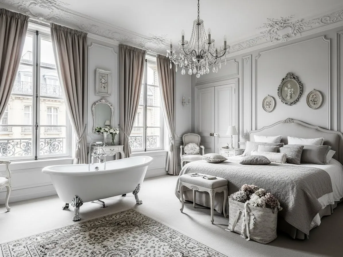 Airy Parisian bedroom with bathtub featuring a classic clawfoot tub near tall windows