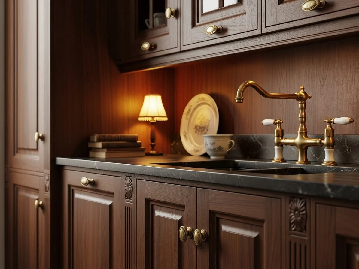 Antique brass cabinet hardware and fixtures in a dark academia style kitchen