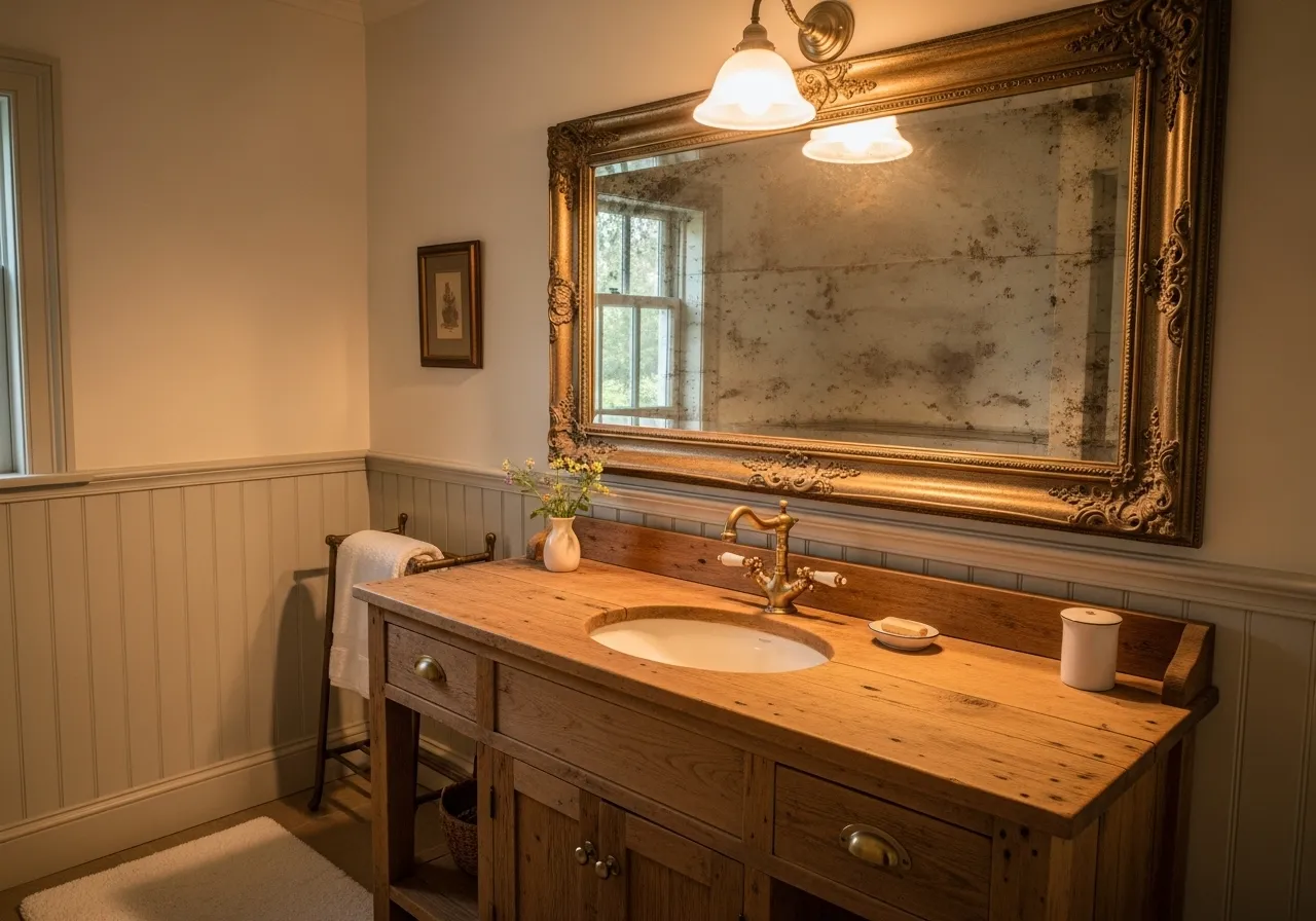 Cottage bathroom ideas with antique mirrors and hardware