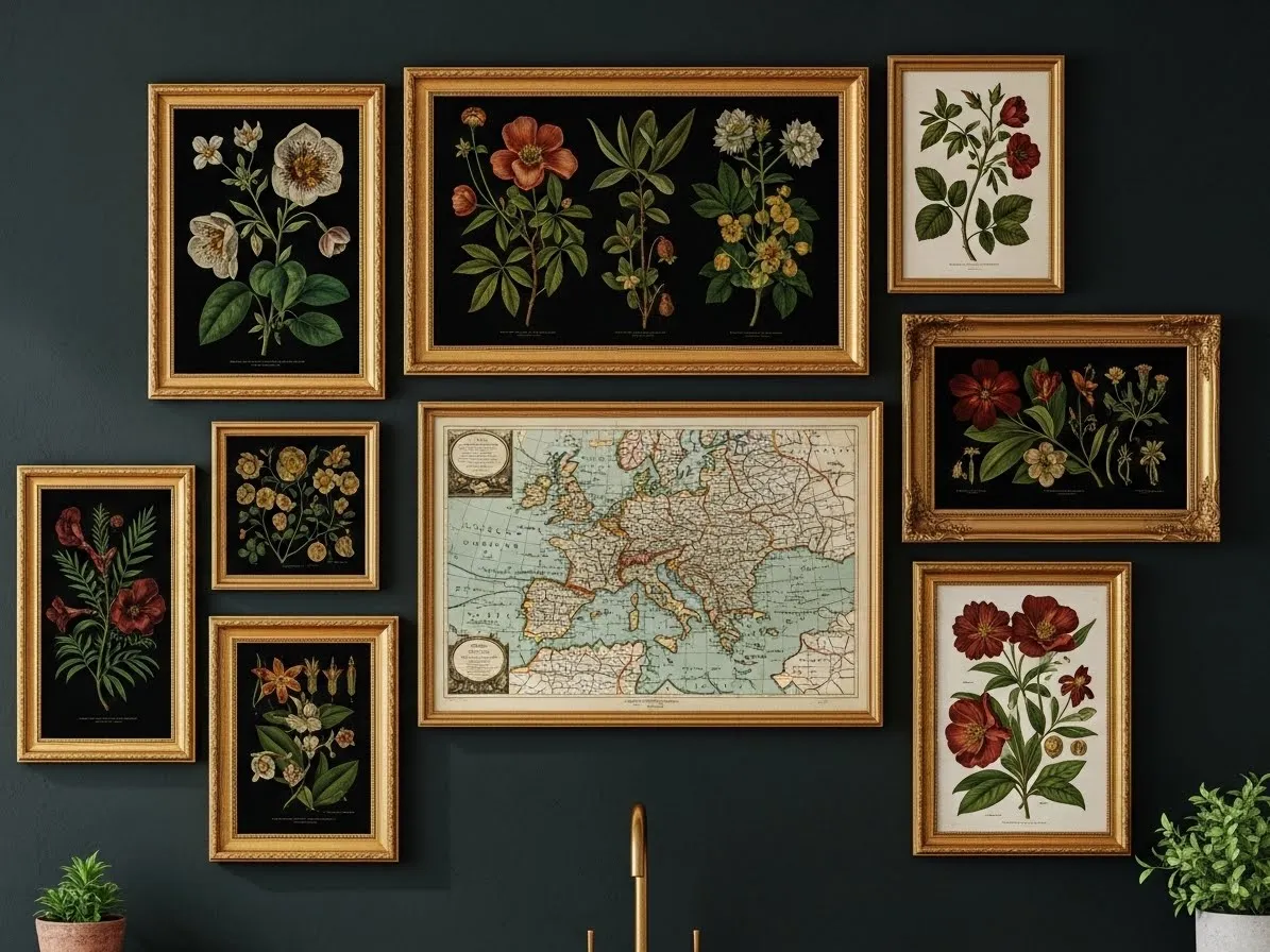 Antique wall art and vintage maps in a dark academia kitchen