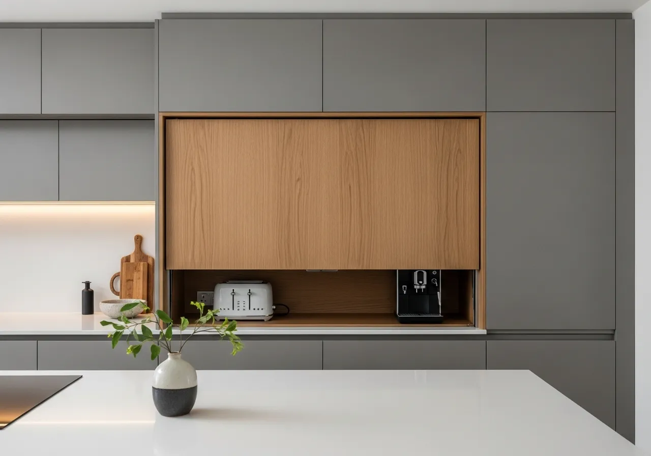 Minimalist kitchen ideas with hidden appliance garage and clean countertops