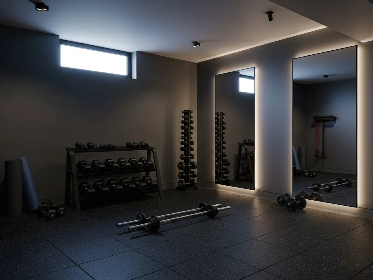 Basement home gym ideas with LED lighting and modern workout equipment
