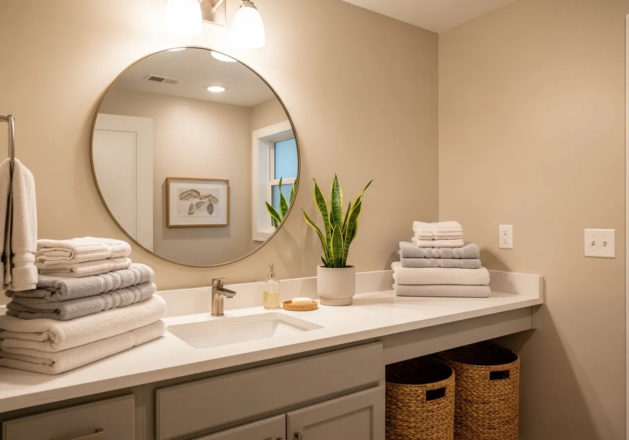 Bathroom decor and bathroom-remodel-ideas with stylish accessories and warm tones