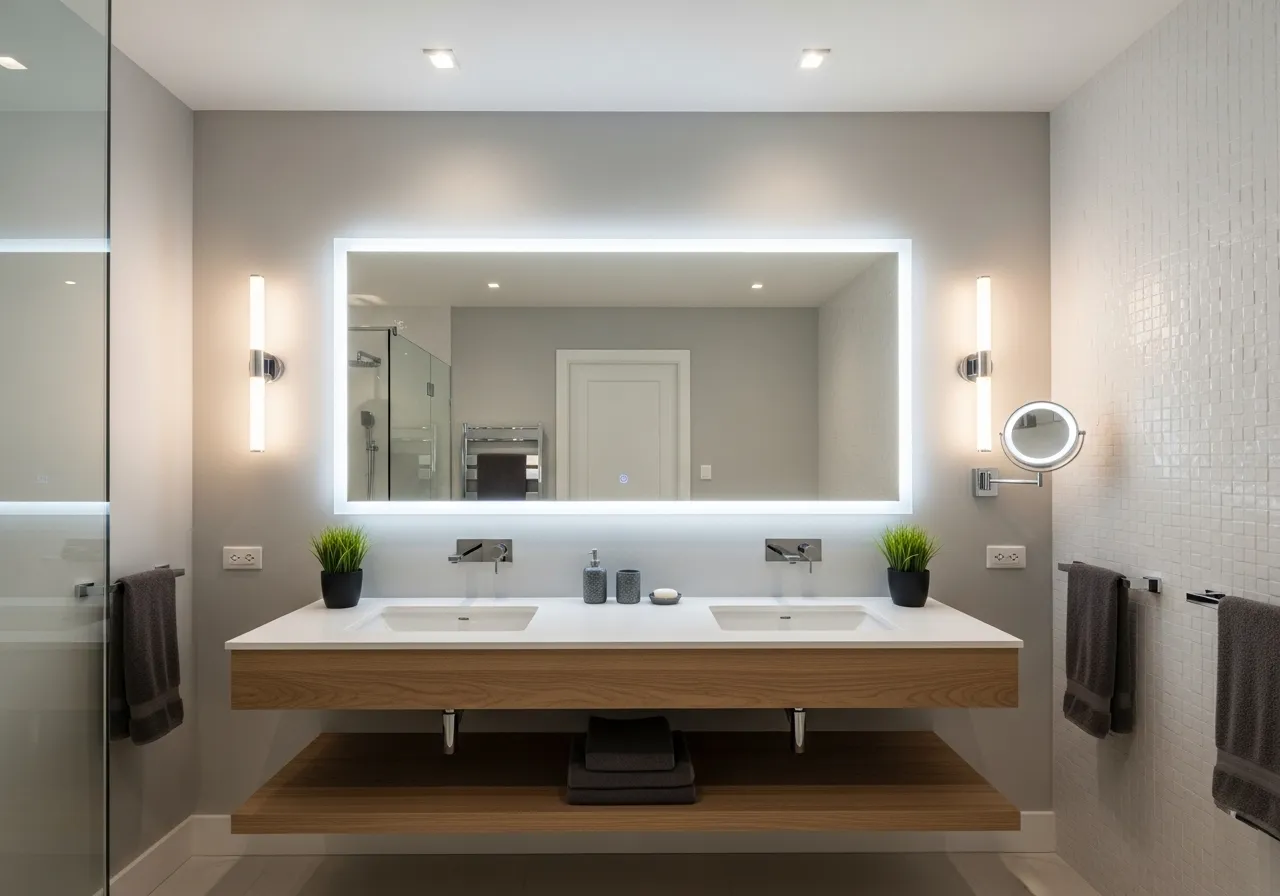 Bathroom-remodel-ideas with layered lighting and modern bathroom decor