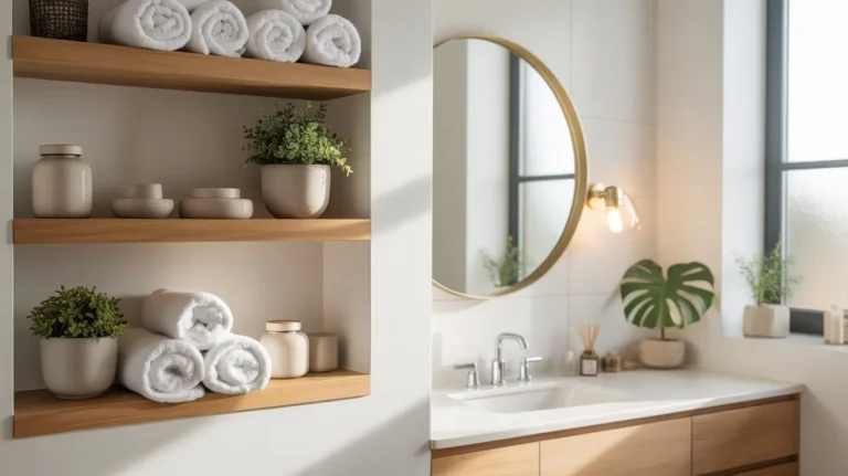 Bathroom shelf decor ideas featuring wooden floating shelves with towels, plants, and spa-inspired accessories