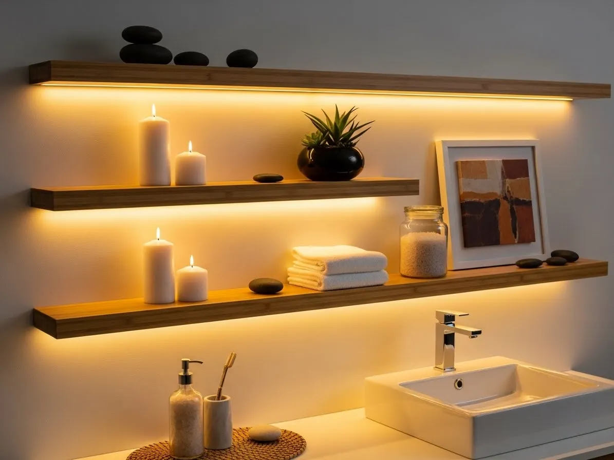 Bathroom shelf decor ideas with warm lighting accents