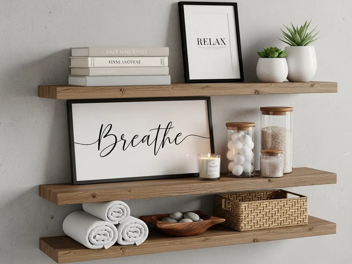 Bathroom shelf decor  using decorative books and art
