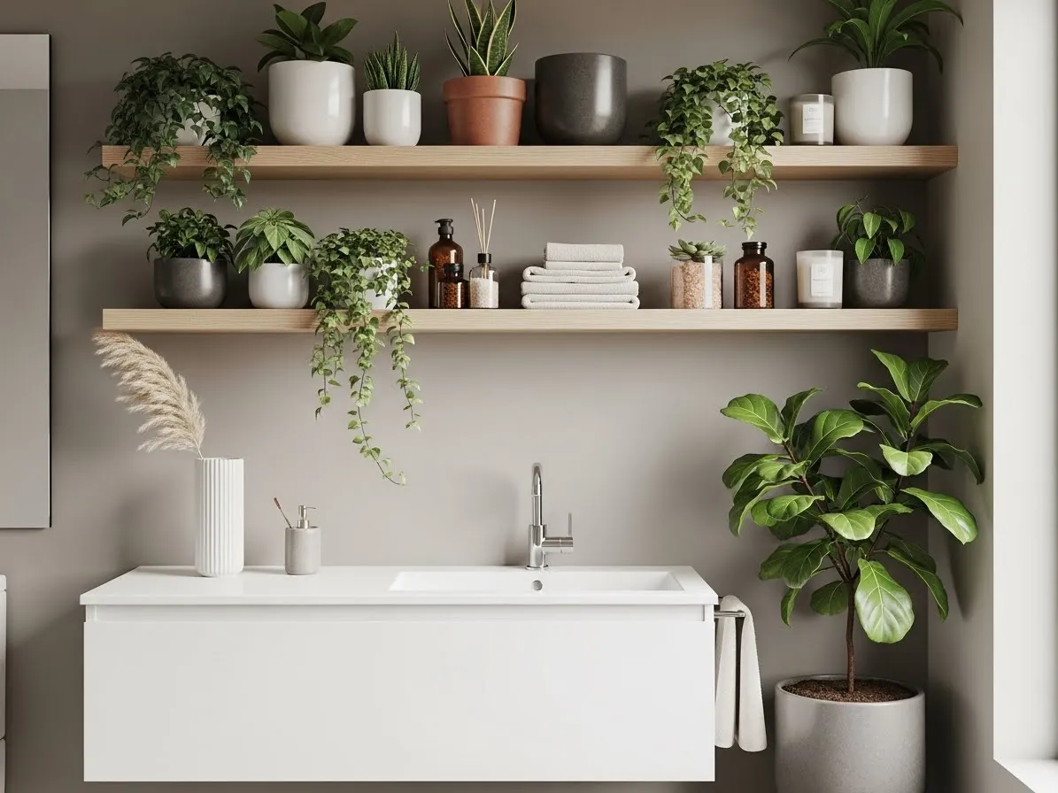 Bathroom shelf decor ideas with plants for fresh styling