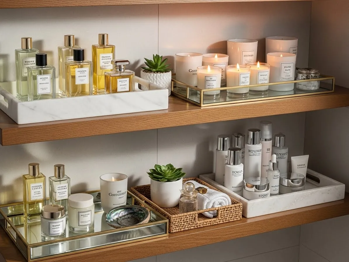 Bathroom shelf decor ideas using decorative trays