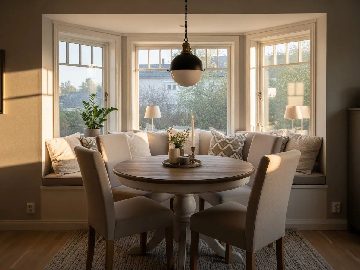 Living room with bay window styled as a dining nook with a round table, seating, and pendant lighting.