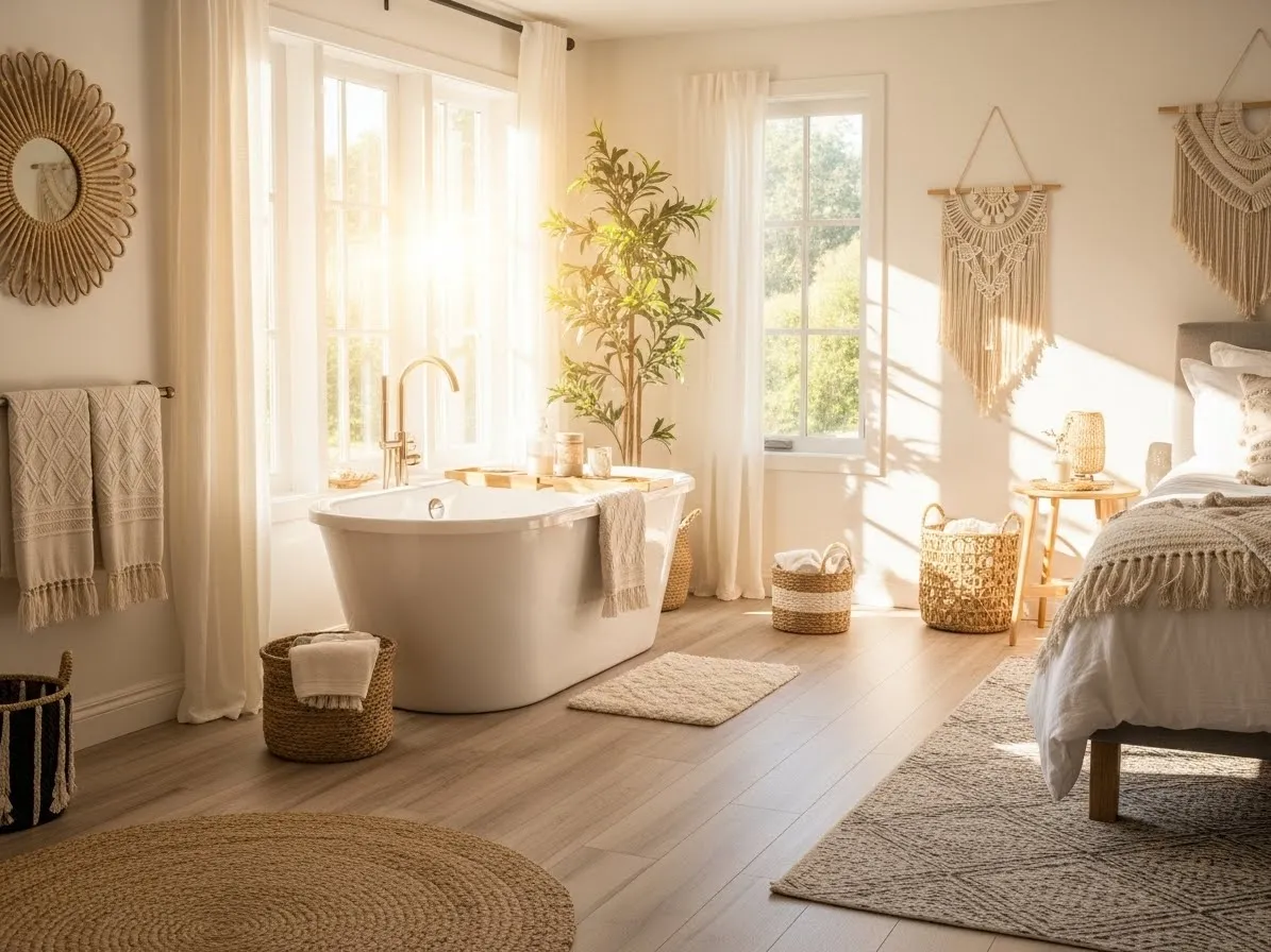Beige boho bedroom with bathtub filled with natural light and soft textures