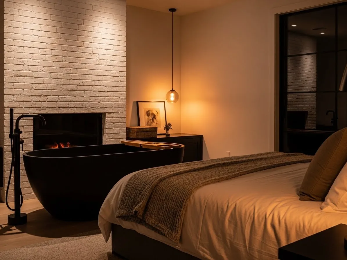 Bedroom with bathtub featuring a matte black tub and fireplace for a cozy luxury look