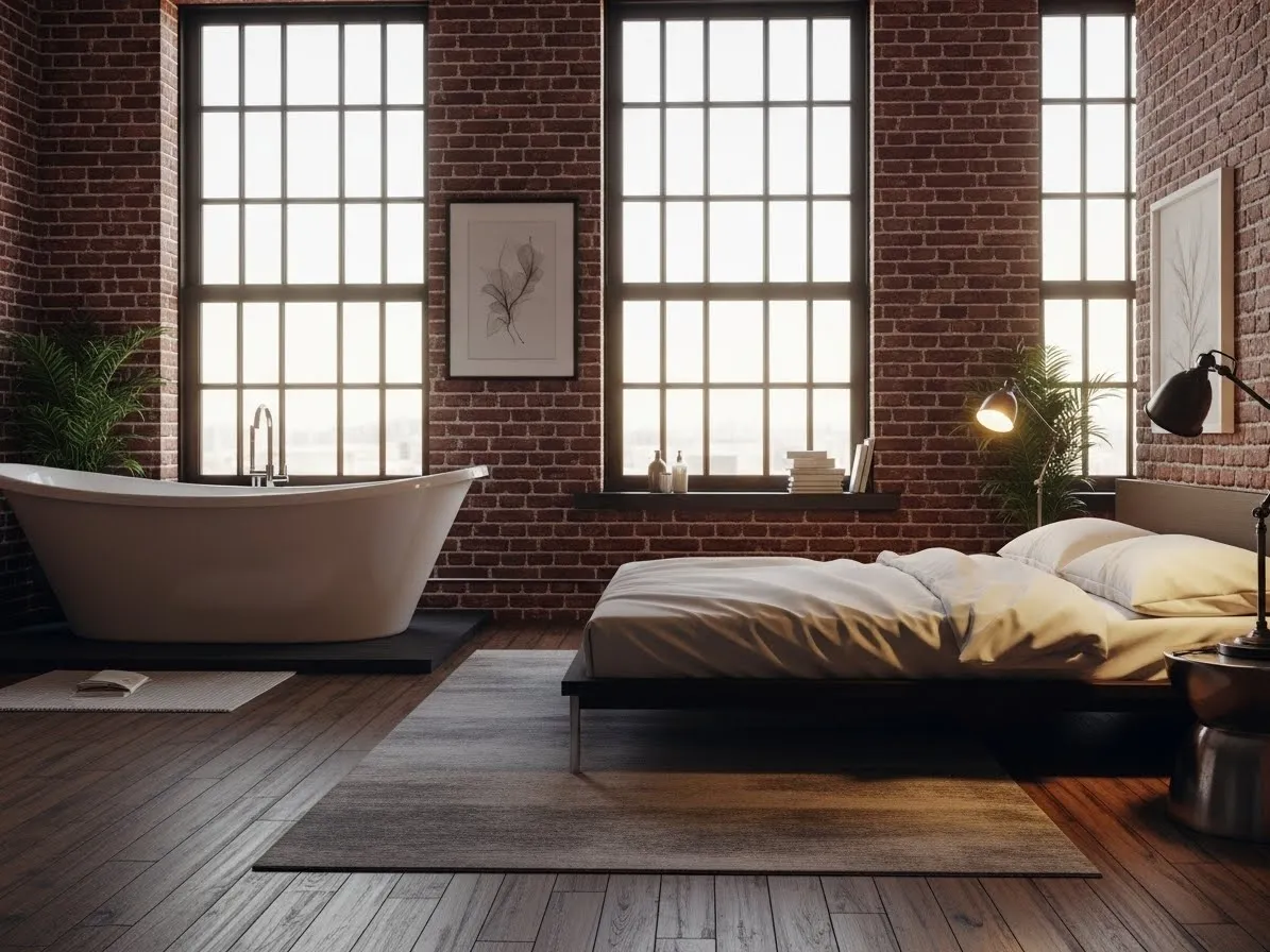 Industrial brick loft bedroom with bathtub and modern spa design
