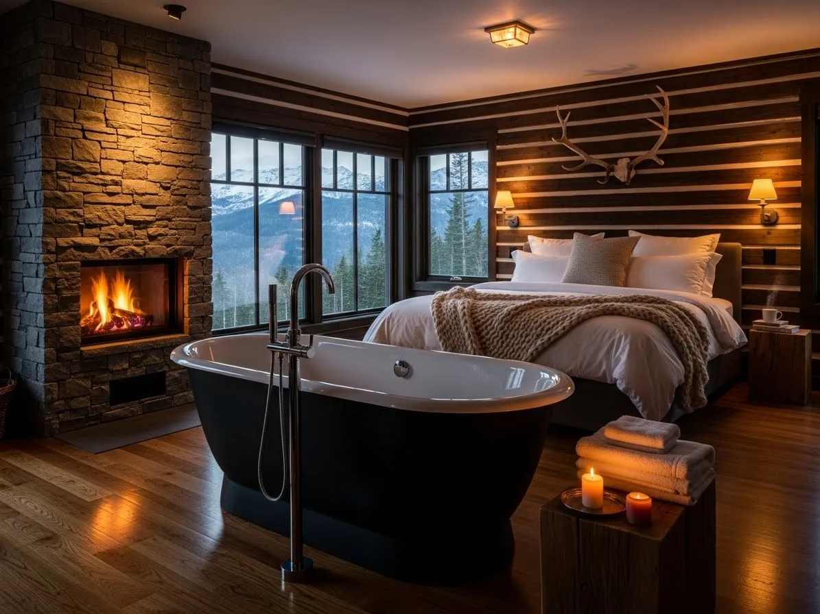 Cabin-style bedroom with bathtub featuring a black tub and warm wood interior
