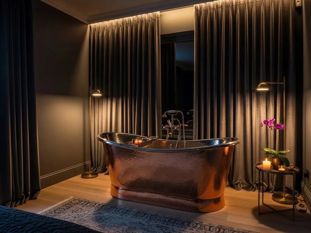 Moody bedroom with bathtub featuring a copper tub and dark charcoal walls