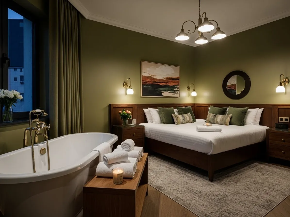 Olive green bedroom with bathtub designed in boutique hotel style