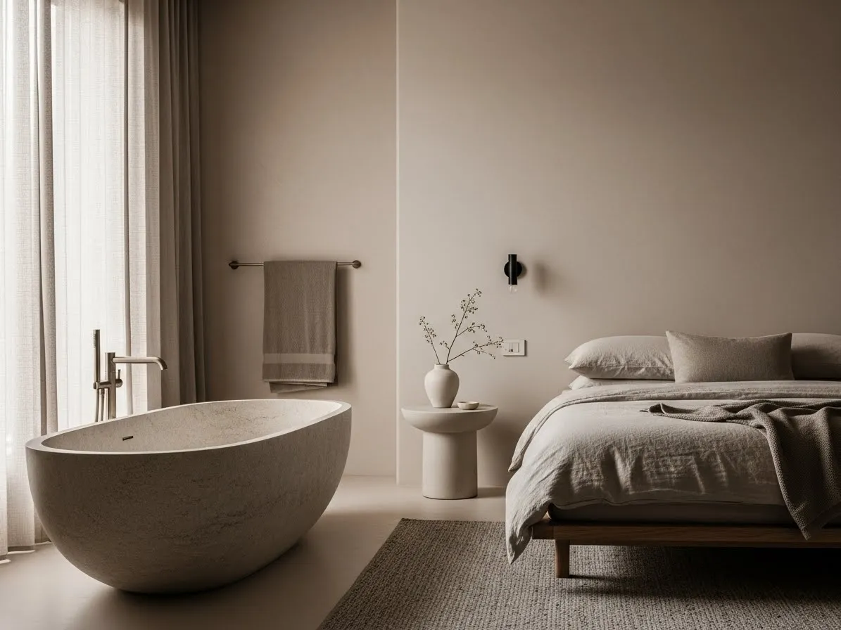 Neutral bedroom with bathtub featuring a modern sculptural freestanding tub