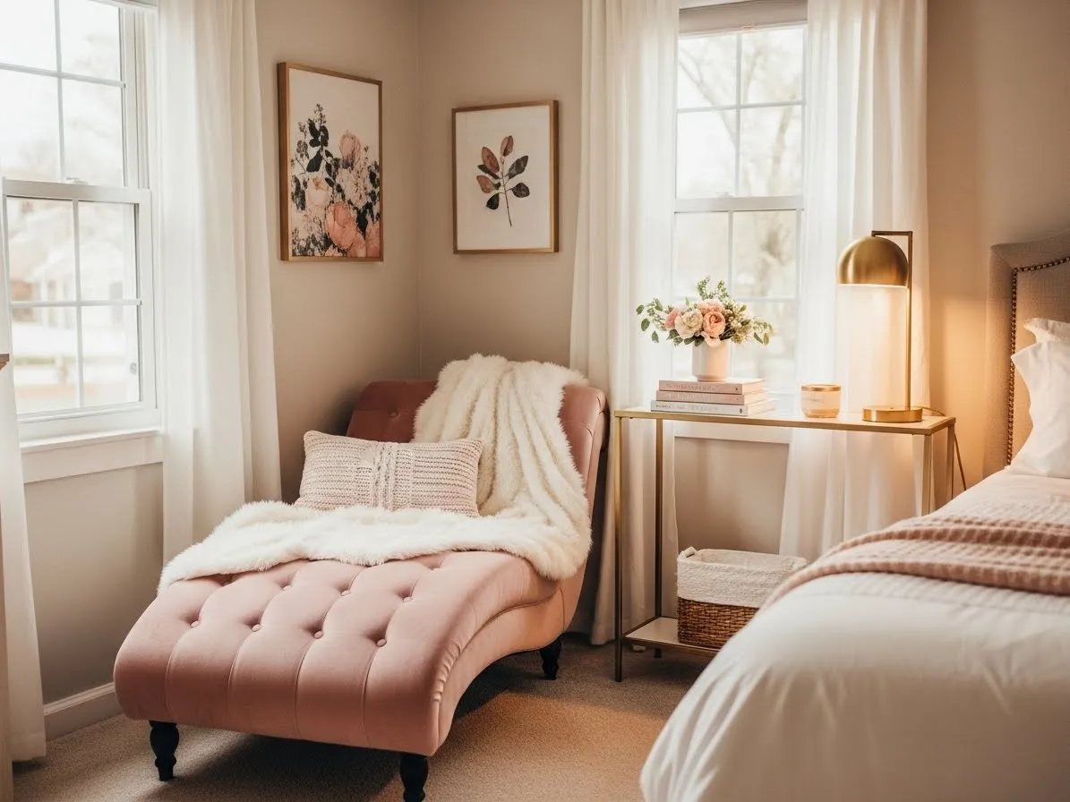 Bedroom with couch using a blush velvet chaise lounge paired with a gold console for a chic, feminine look.