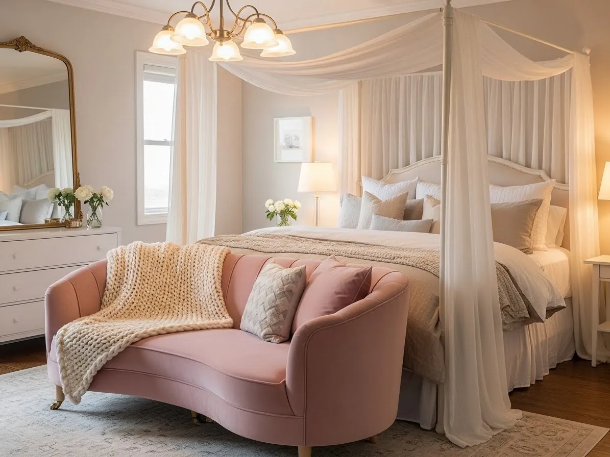 Bedroom with couch showcasing a blush velvet curved sofa paired with a canopy bed for a soft, romantic feel.