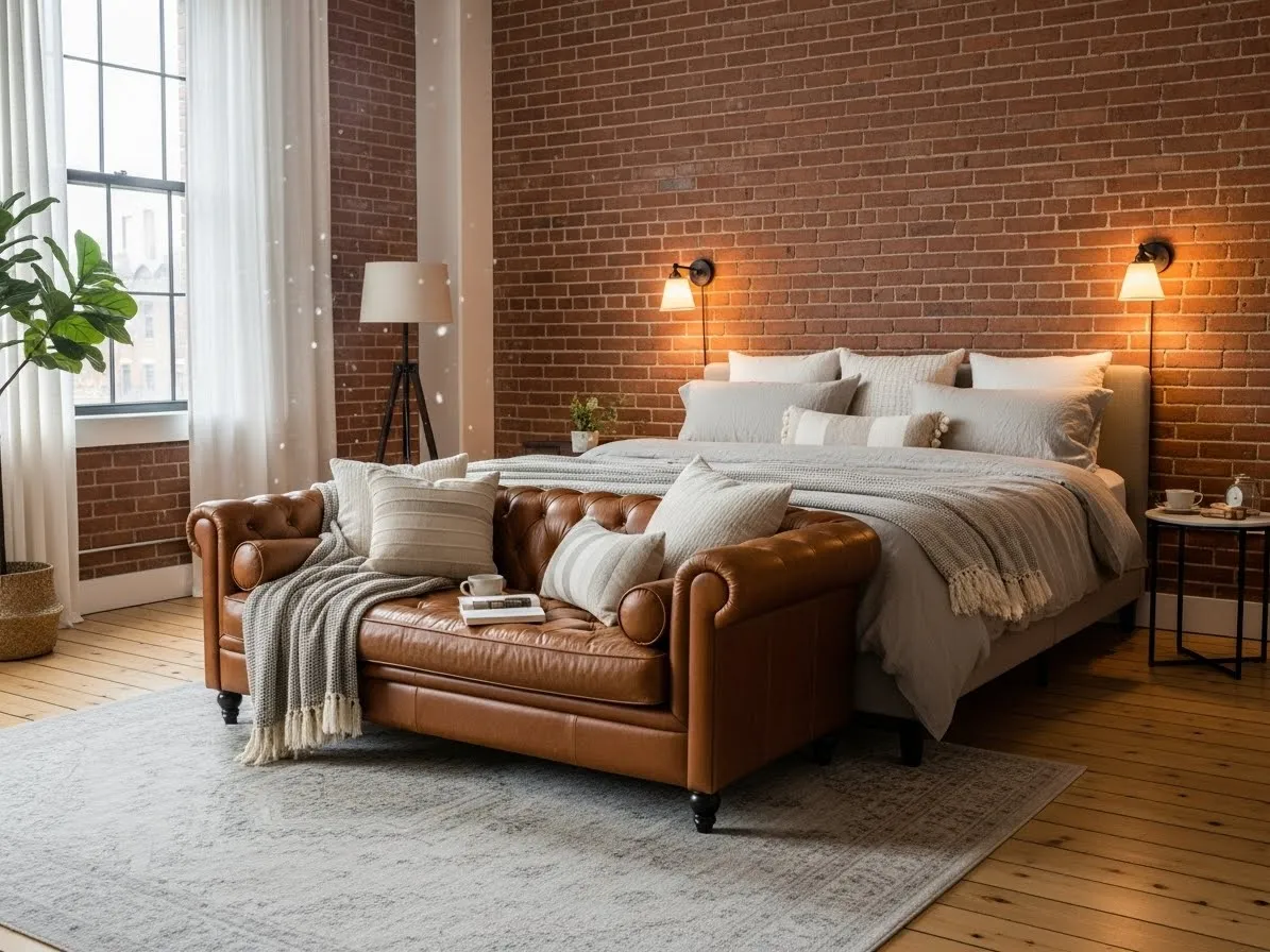 Bedroom with couch featuring a cognac leather sofa at the foot of the bed and exposed brick wall for a warm, modern look.
