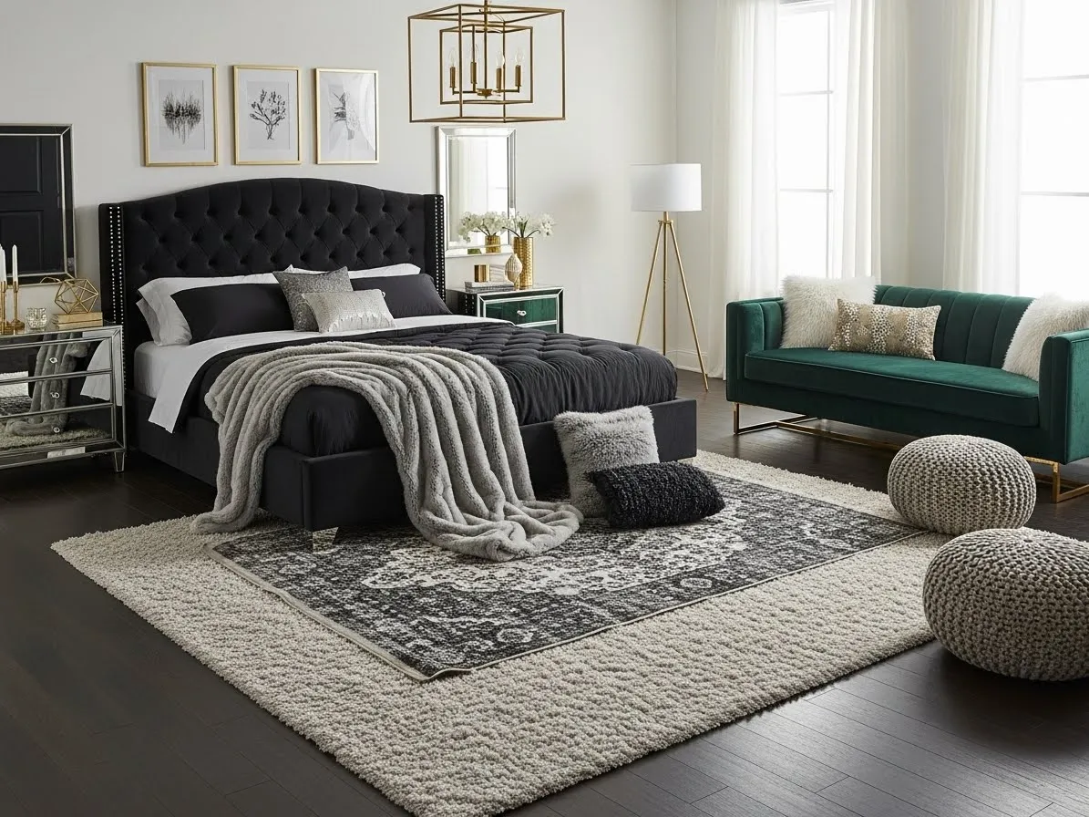 Bedroom with couch featuring a bold emerald velvet sofa paired with a black velvet bed for a luxurious feel.