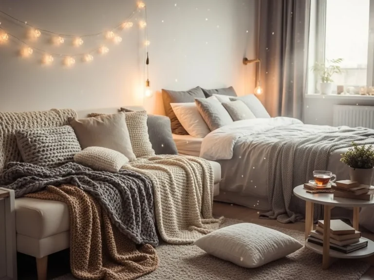 Bedroom with couch featuring an emerald velvet sofa at the foot of a tufted bed, layered textiles, soft lighting, and modern cozy decor.