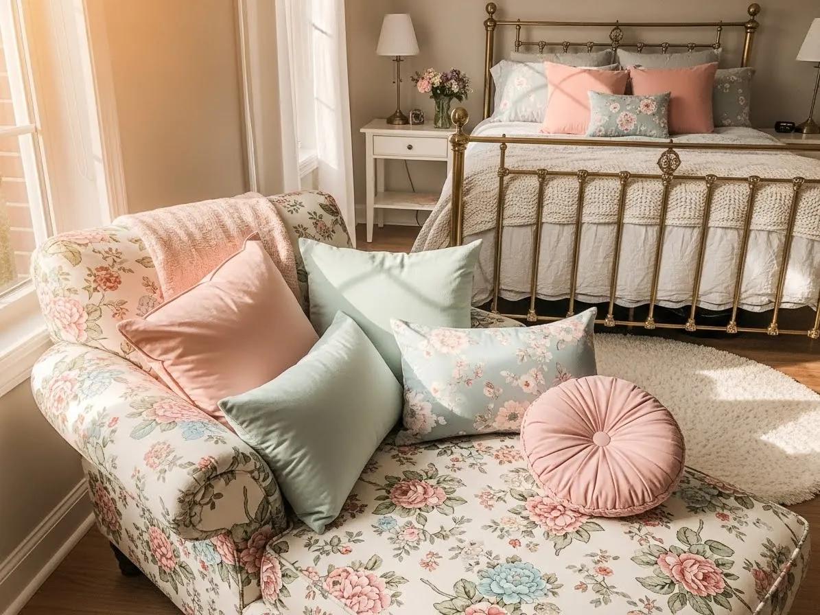 Bedroom with couch styled with a floral chaise lounge and brass bed accents for a feminine and cozy look.