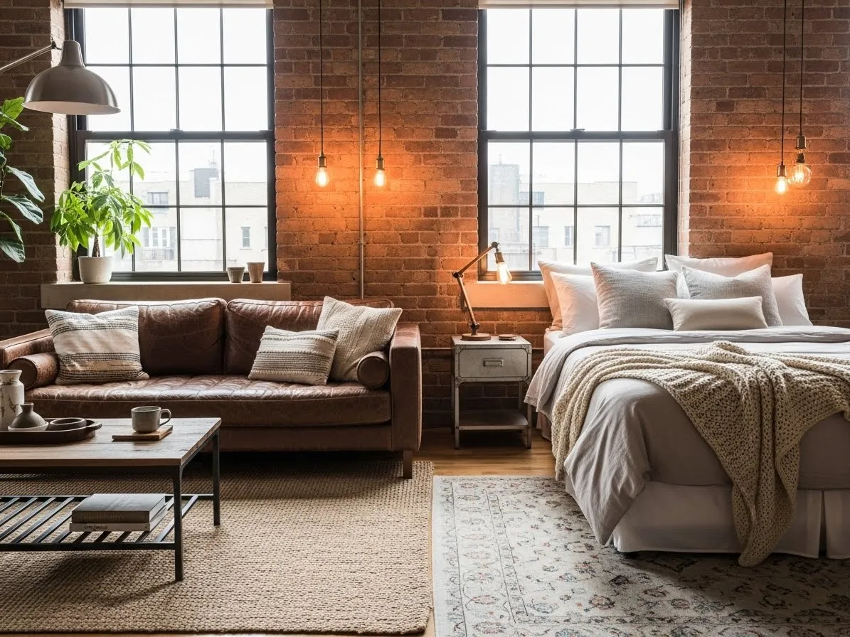 Bedroom with couch using a dark leather sofa and industrial brick walls for a modern loft feel.