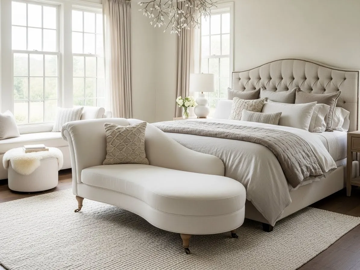 Bedroom with couch featuring a curved ivory chaise lounge and tufted bed for a cozy, elegant feel.