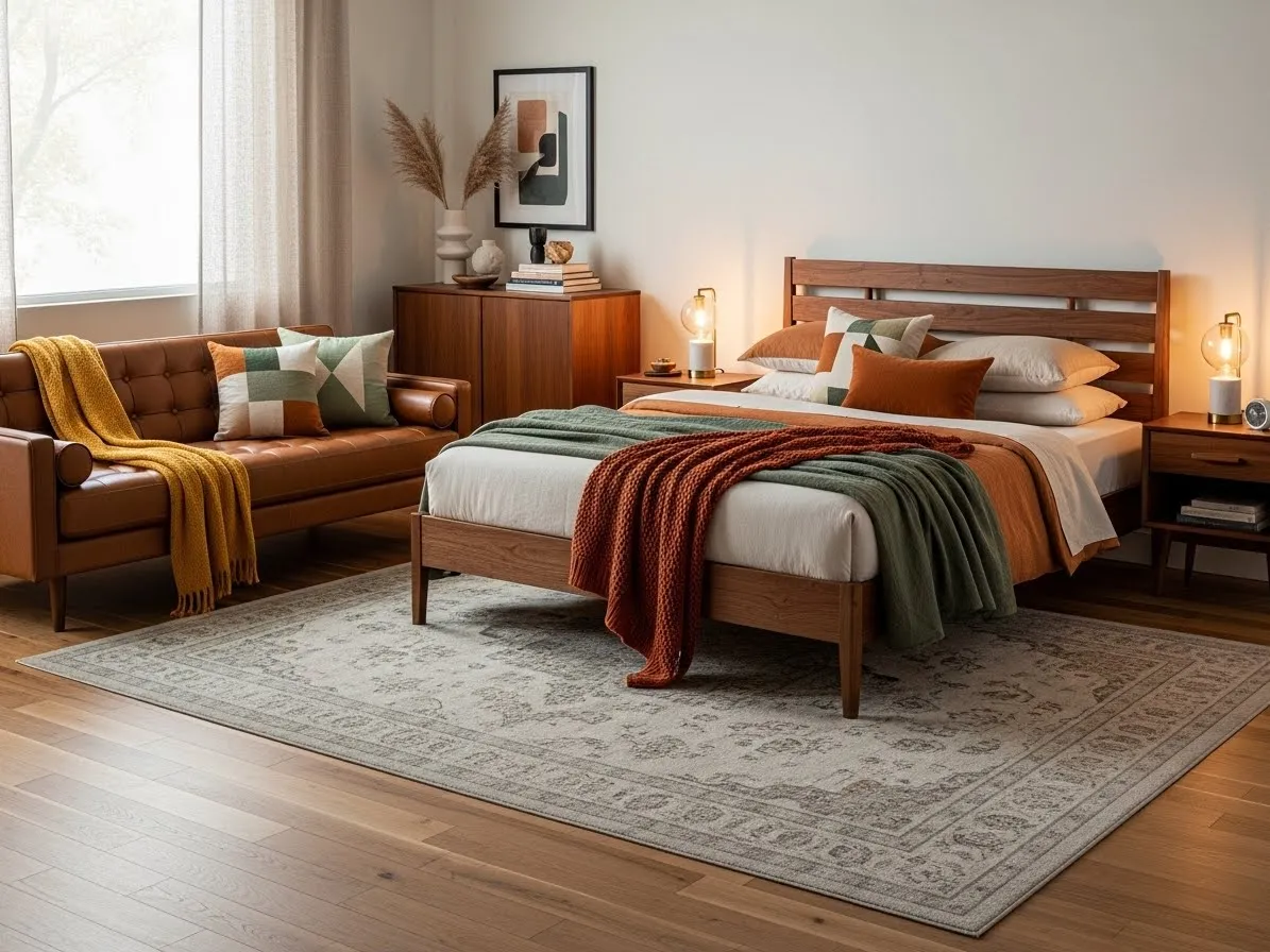Bedroom with couch styled with a mid-century leather sofa and walnut bed for a timeless look.
