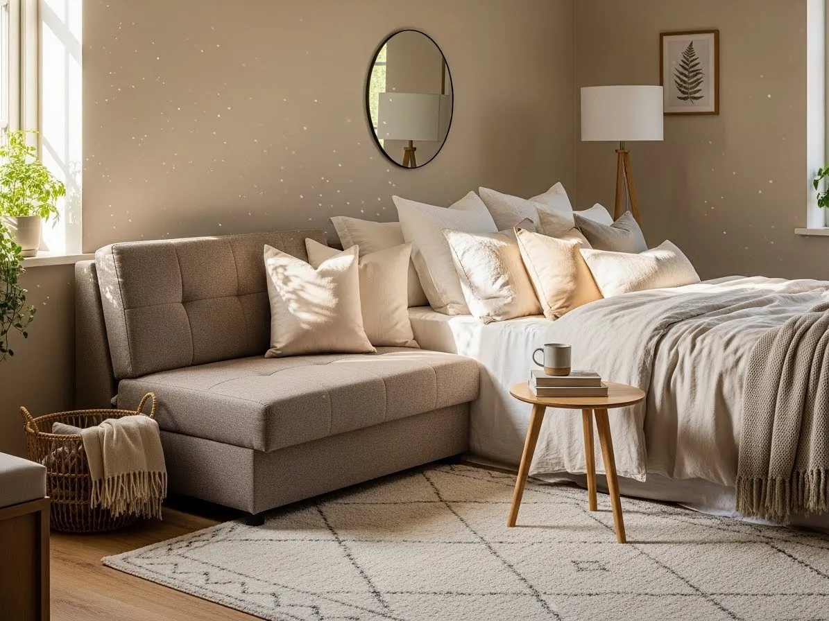 Bedroom with couch featuring a taupe sleeper sofa placed next to the bed for comfort and style.