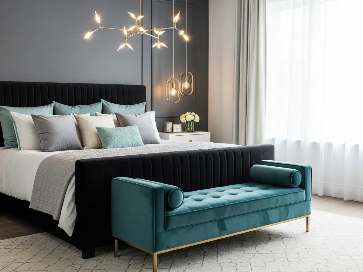 Bedroom with couch using a teal velvet bench paired with a black channel bed in a modern stylish setting.